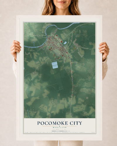 Map of Pocomoke City, Maryland, 24 x 36 inch print in a white wood frame