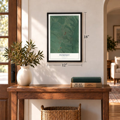Pomfret, Maryland map, 12 x 18 inch print in a black frame in an entryway