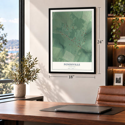 Pondsville, Maryland map, 18 x 24 inch print in a black frame in a home office