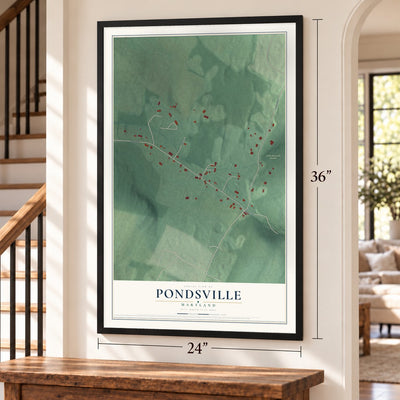 Pondsville, Maryland map, 24 x 36 inch print in a black frame by a staircase