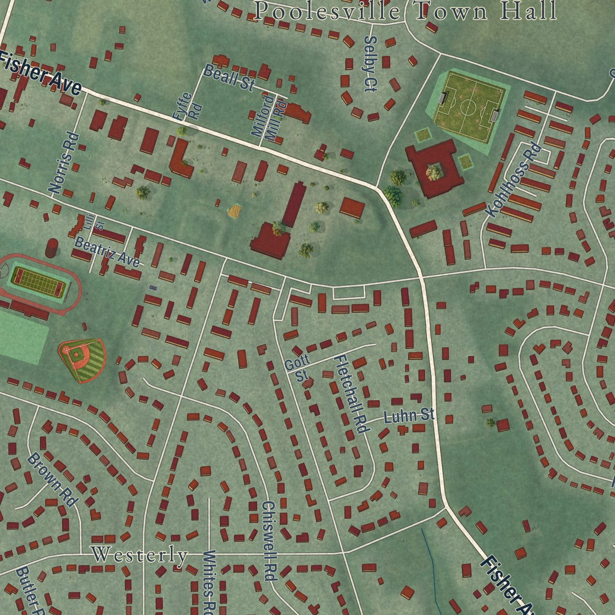 Close-up of the map of Poolesville, Maryland print showing street and building detail