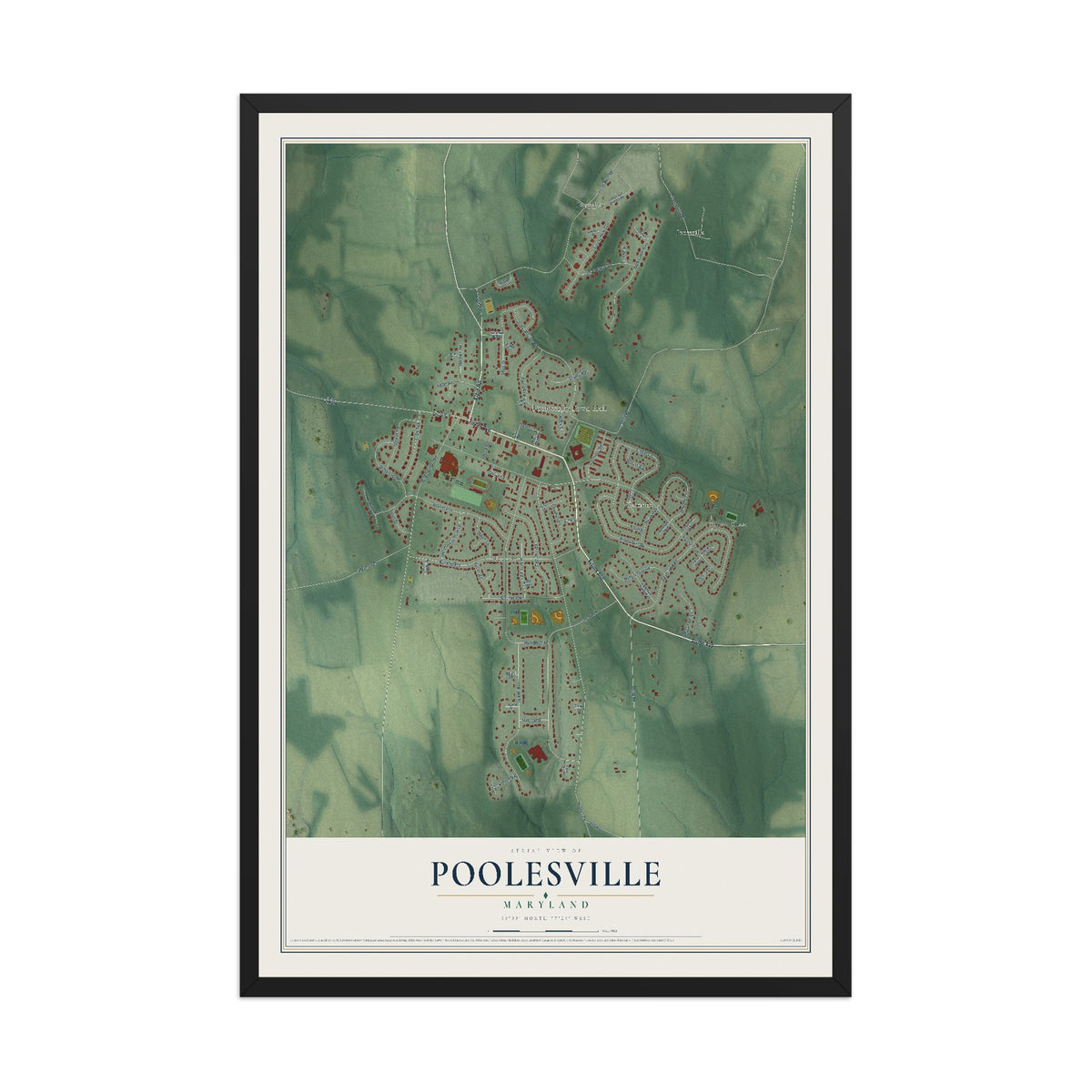 Map of Poolesville, Maryland, 12 x 18 inch print in a black wood frame