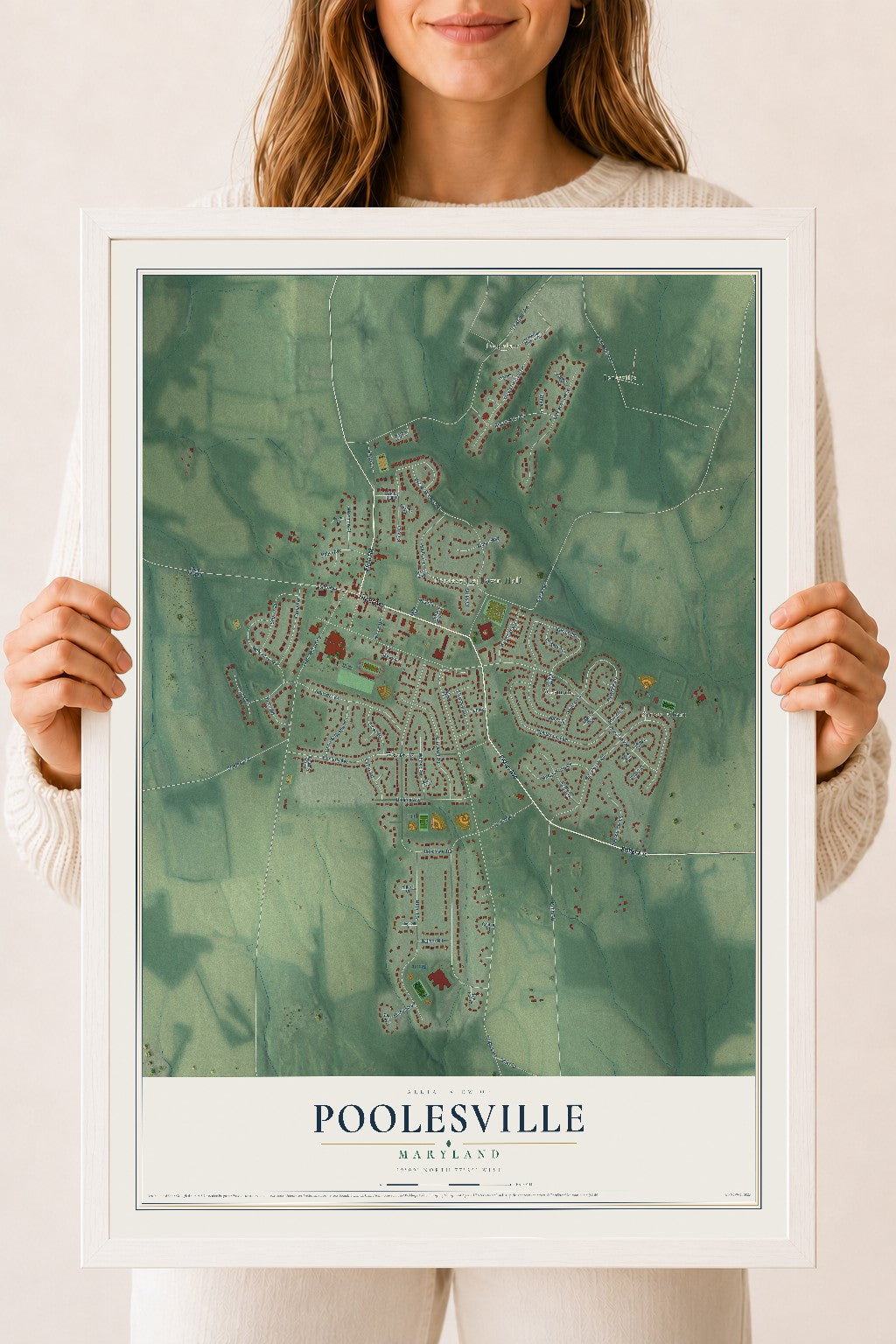 Map of Poolesville, Maryland, 18 x 24 inch print in a white wood frame