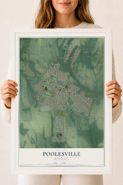 Map of Poolesville, Maryland, 18 x 24 inch print in a white wood frame