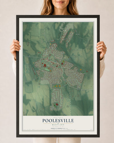 Map of Poolesville, Maryland, 24 x 36 inch print in a black wood frame