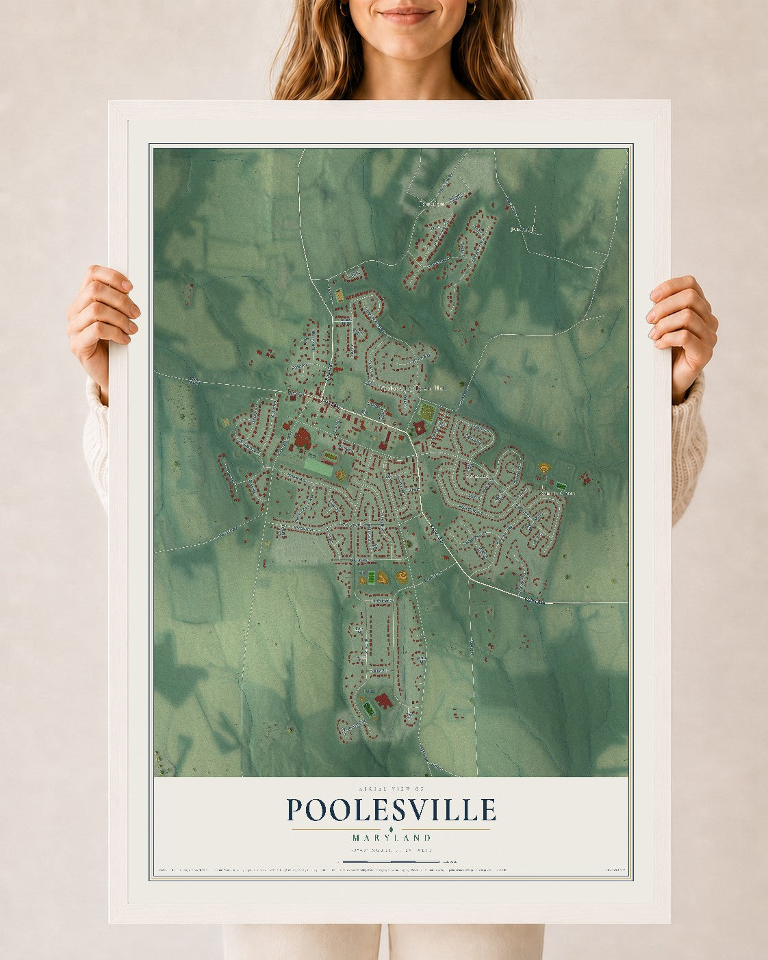 Map of Poolesville, Maryland, 24 x 36 inch print in a white wood frame