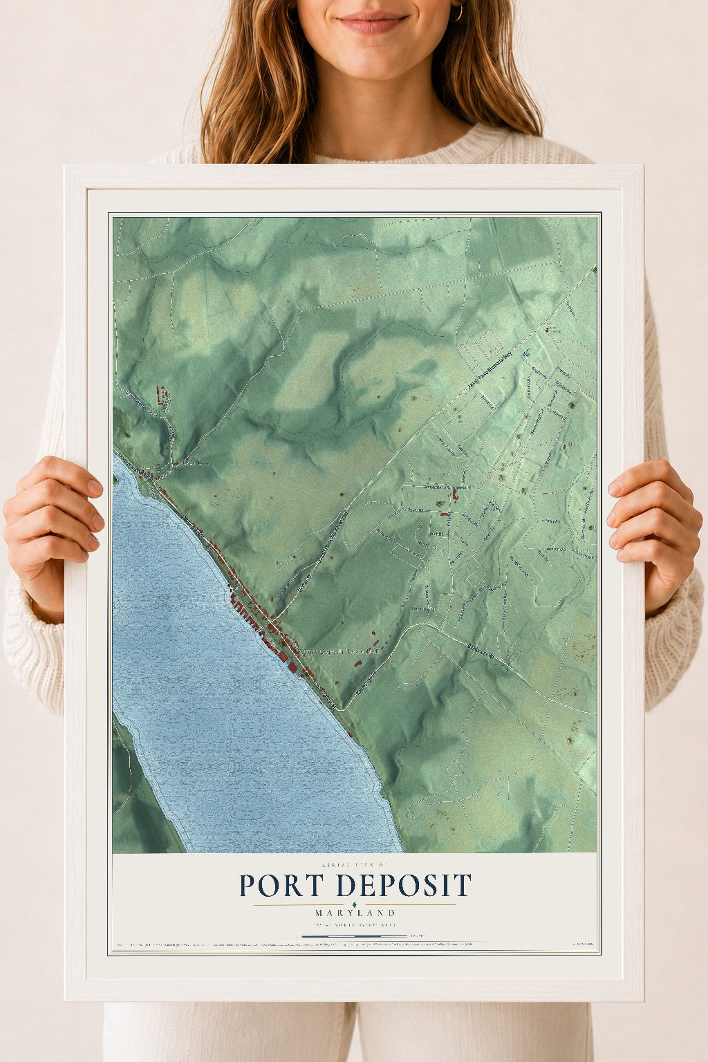 Map of Port Deposit, Maryland, 18 x 24 inch print in a white wood frame