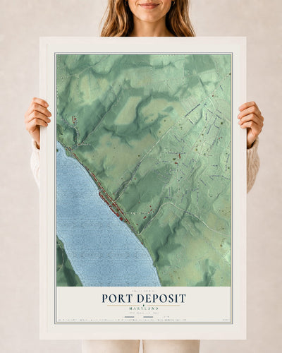 Map of Port Deposit, Maryland, 24 x 36 inch print in a white wood frame