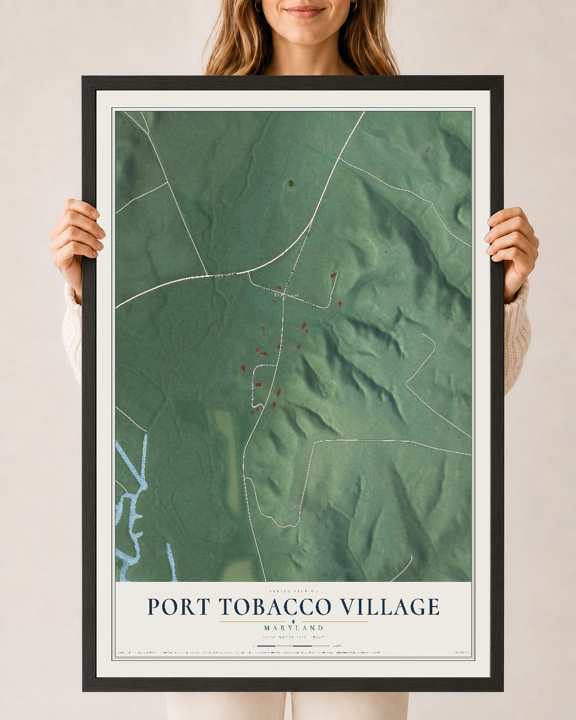 Map of Port Tobacco Village, Maryland, 24 x 36 inch print in a black wood frame