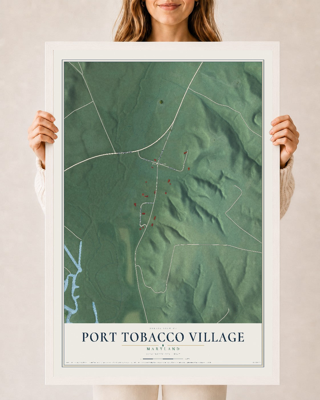 Map of Port Tobacco Village, Maryland, 24 x 36 inch print in a white wood frame