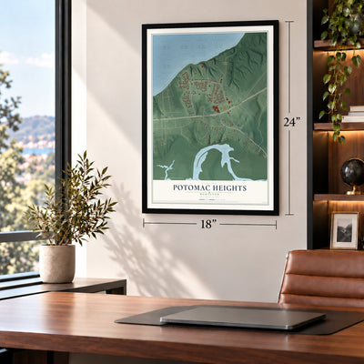 Potomac Heights, Maryland map, 18 x 24 inch print in a black frame in a home office