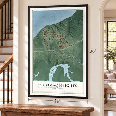 Potomac Heights, Maryland map, 24 x 36 inch print in a black frame by a staircase