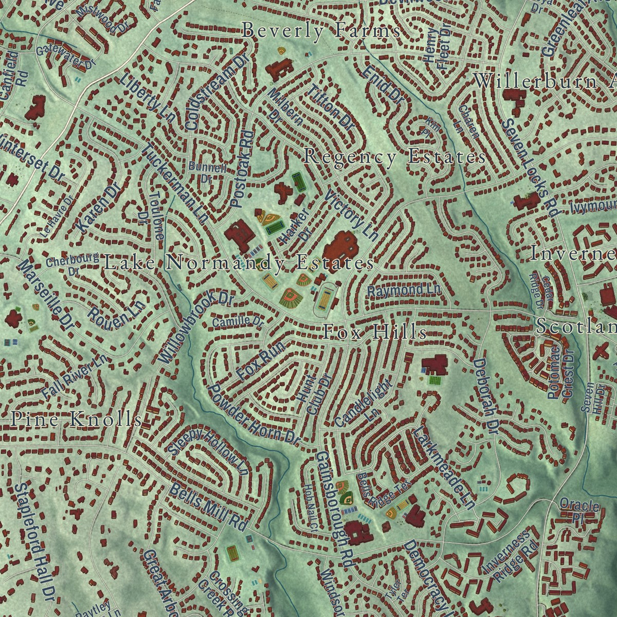 Close-up of the map of Potomac, Maryland print showing street and building detail