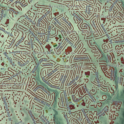 Close-up of the map of Potomac, Maryland print showing street and building detail