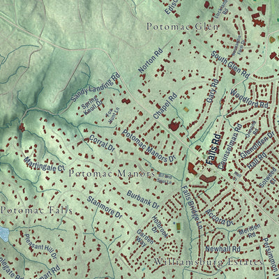 Second close-up of the map of Potomac, Maryland print showing more streets and buildings