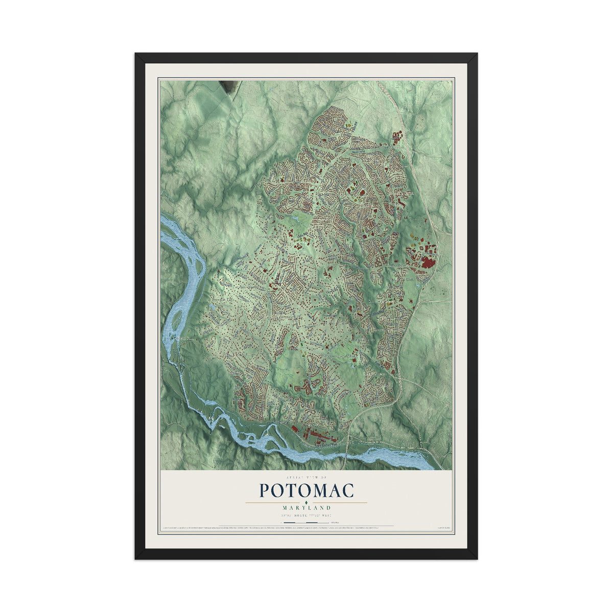 Map of Potomac, Maryland, 12 x 18 inch print in a black wood frame