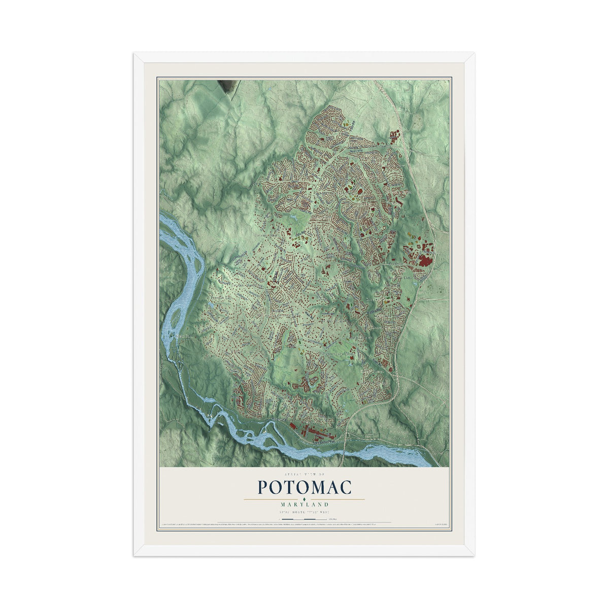 Map of Potomac, Maryland, 12 x 18 inch print in a white wood frame