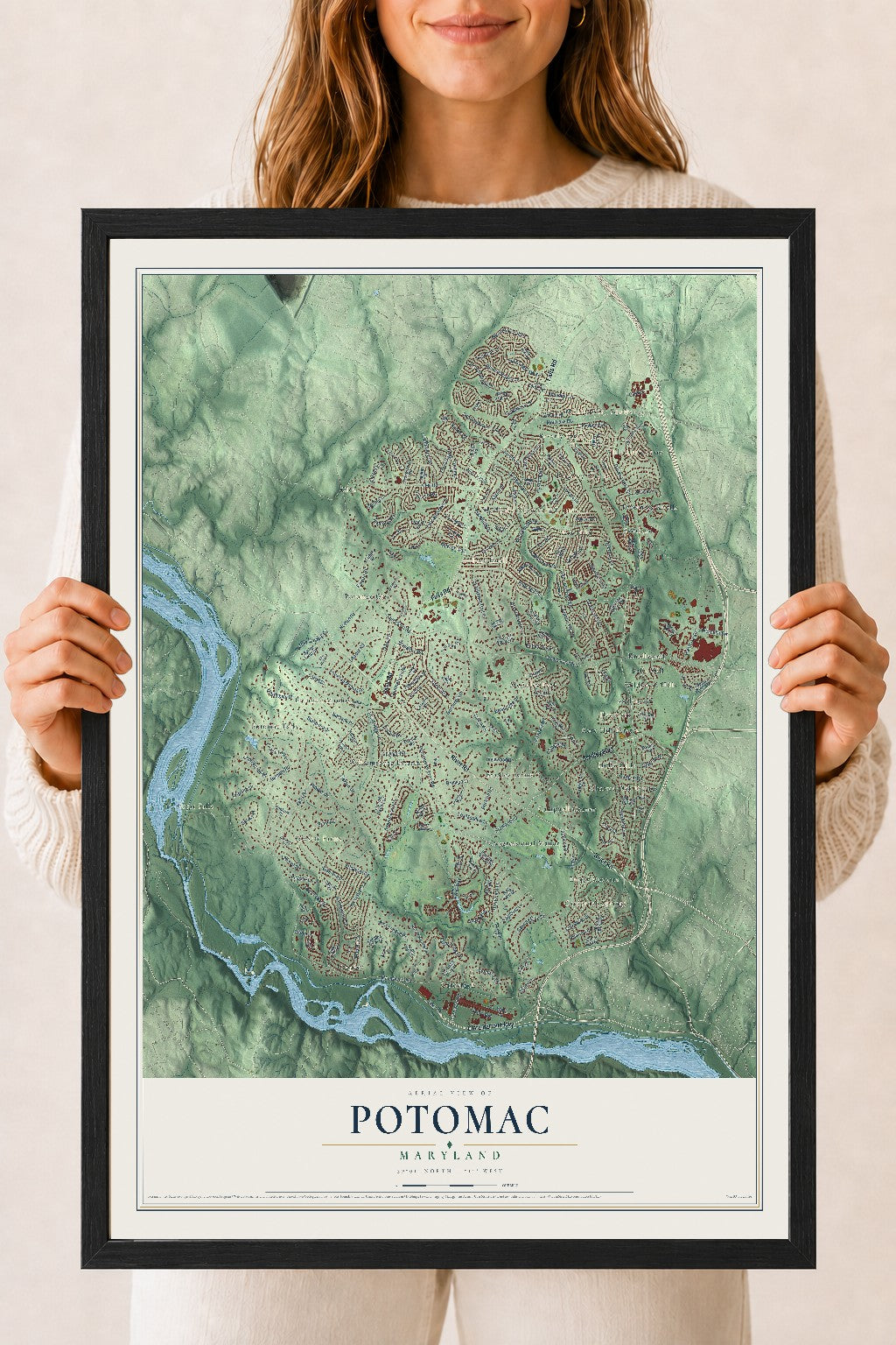Map of Potomac, Maryland, 18 x 24 inch print in a black wood frame