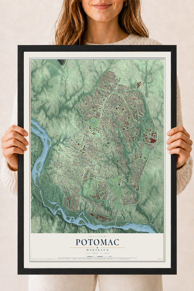 Map of Potomac, Maryland, 18 x 24 inch print in a black wood frame