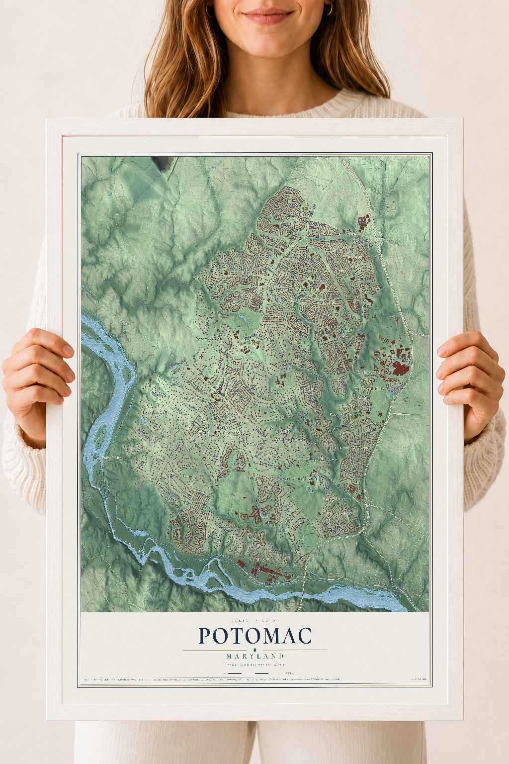 Map of Potomac, Maryland, 18 x 24 inch print in a white wood frame
