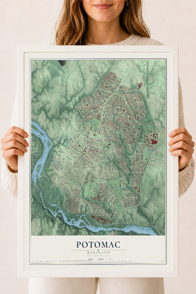 Map of Potomac, Maryland, 18 x 24 inch print in a white wood frame
