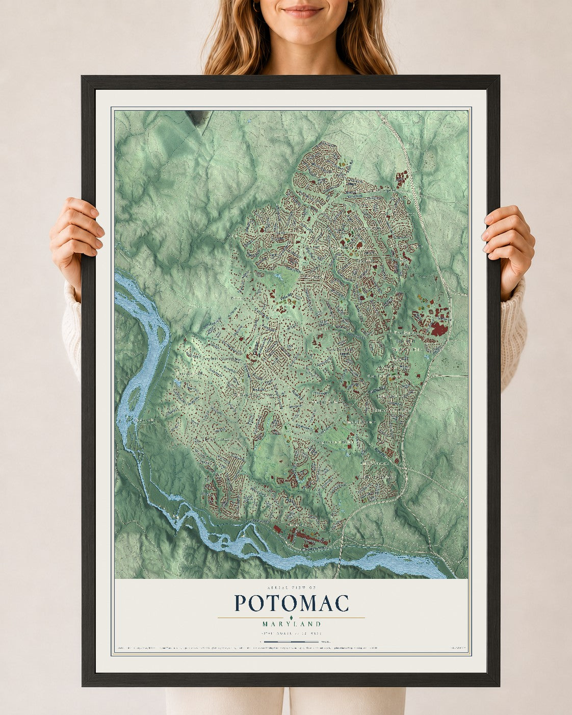 Map of Potomac, Maryland, 24 x 36 inch print in a black wood frame