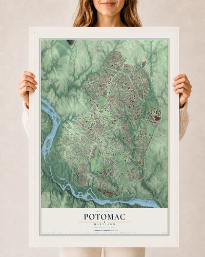 Map of Potomac, Maryland, 24 x 36 inch print in a white wood frame