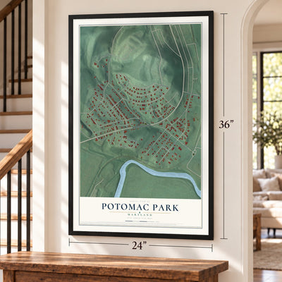 Potomac Park, Maryland map, 24 x 36 inch print in a black frame by a staircase
