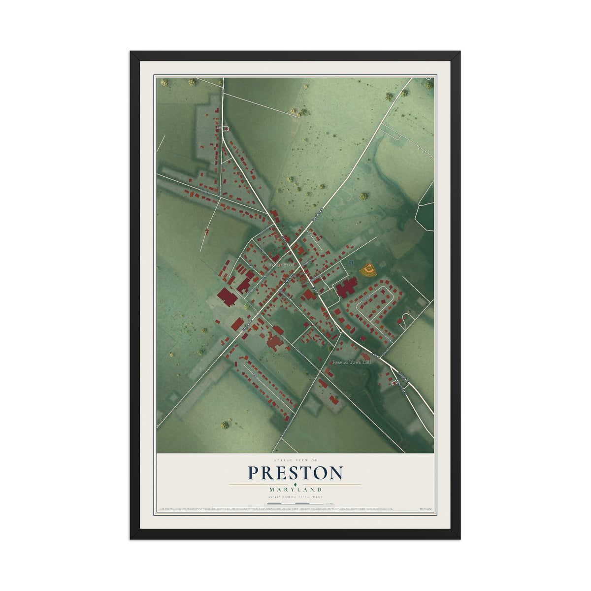 Map of Preston, Maryland, 12 x 18 inch print in a black wood frame