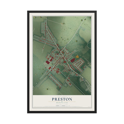 Map of Preston, Maryland, 12 x 18 inch print in a black wood frame