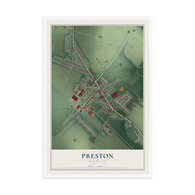 Map of Preston, Maryland, 12 x 18 inch print in a white wood frame