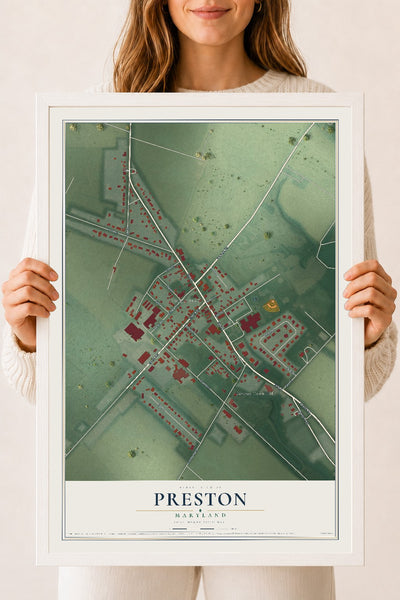 Map of Preston, Maryland, 18 x 24 inch print in a white wood frame