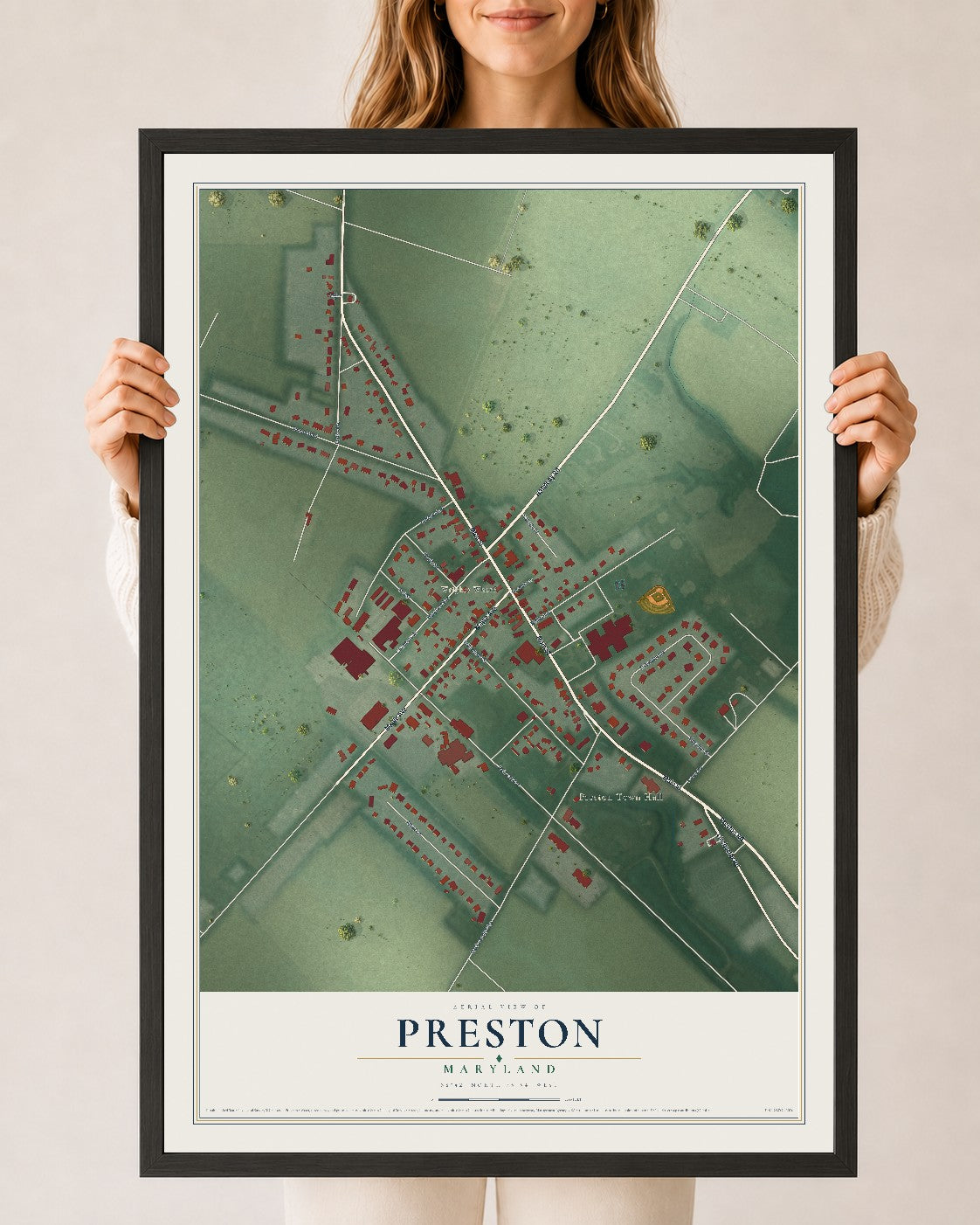Map of Preston, Maryland, 24 x 36 inch print in a black wood frame