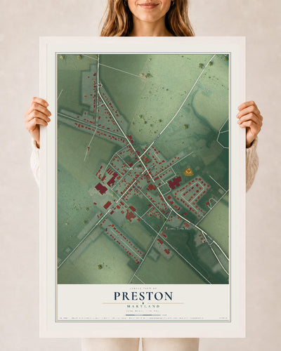 Map of Preston, Maryland, 24 x 36 inch print in a white wood frame