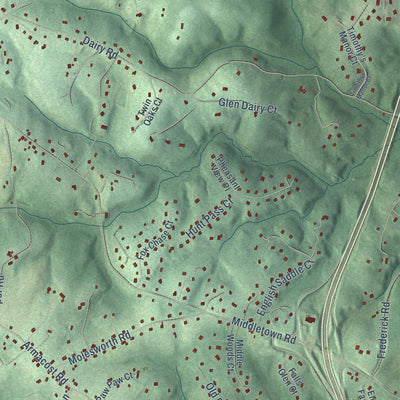 Close-up of the map of Prettyboy, Maryland print showing street and building detail