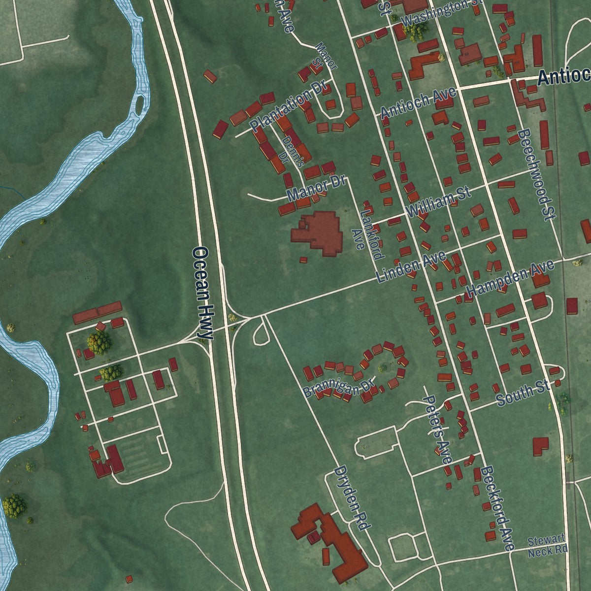 Second close-up of the map of Princess Anne, Maryland print showing more streets and buildings