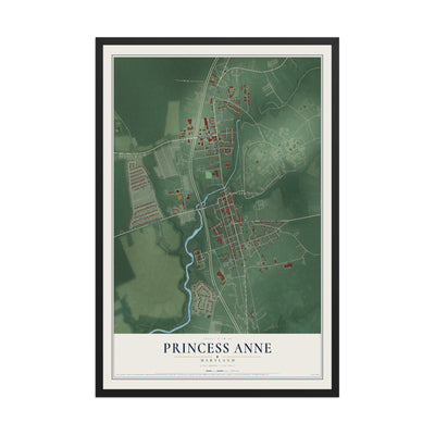 Map of Princess Anne, Maryland, 12 x 18 inch print in a black wood frame