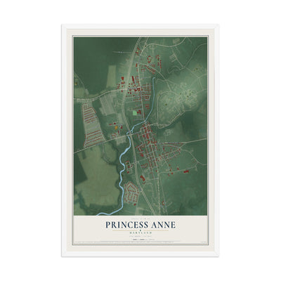 Map of Princess Anne, Maryland, 12 x 18 inch print in a white wood frame