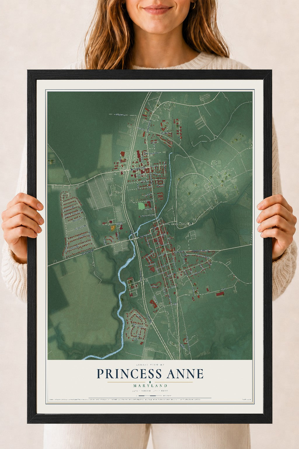 Map of Princess Anne, Maryland, 18 x 24 inch print in a black wood frame