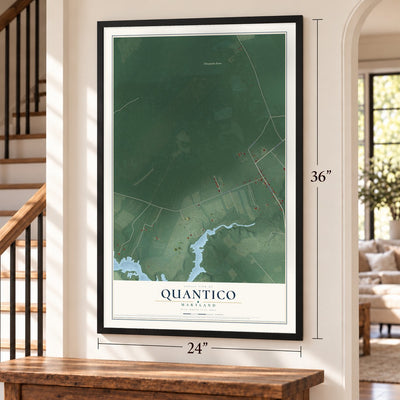 Quantico, Maryland map, 24 x 36 inch print in a black frame by a staircase