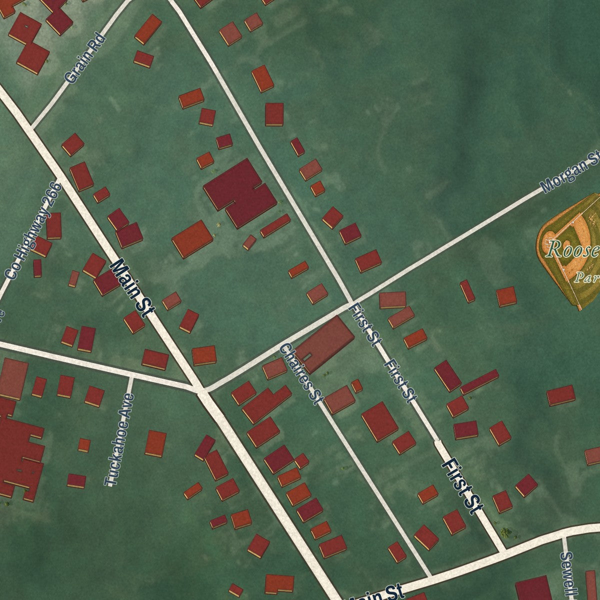 Close-up of the map of Queen Anne, Maryland print showing street and building detail