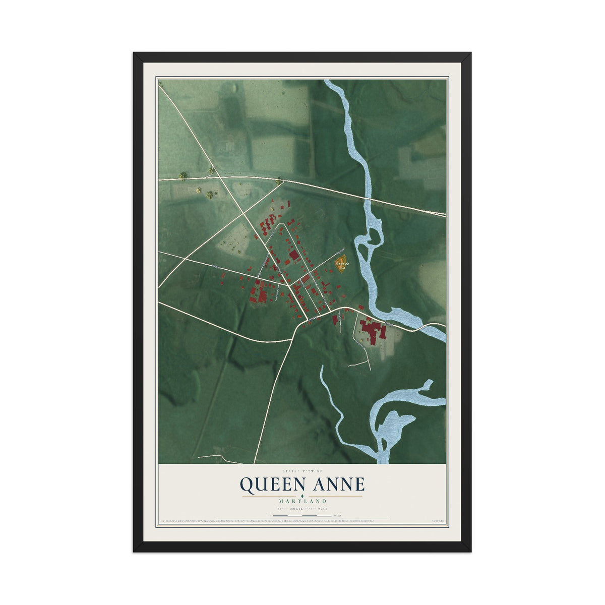 Map of Queen Anne, Maryland, 12 x 18 inch print in a black wood frame