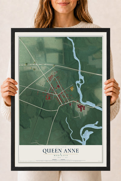 Map of Queen Anne, Maryland, 18 x 24 inch print in a black wood frame