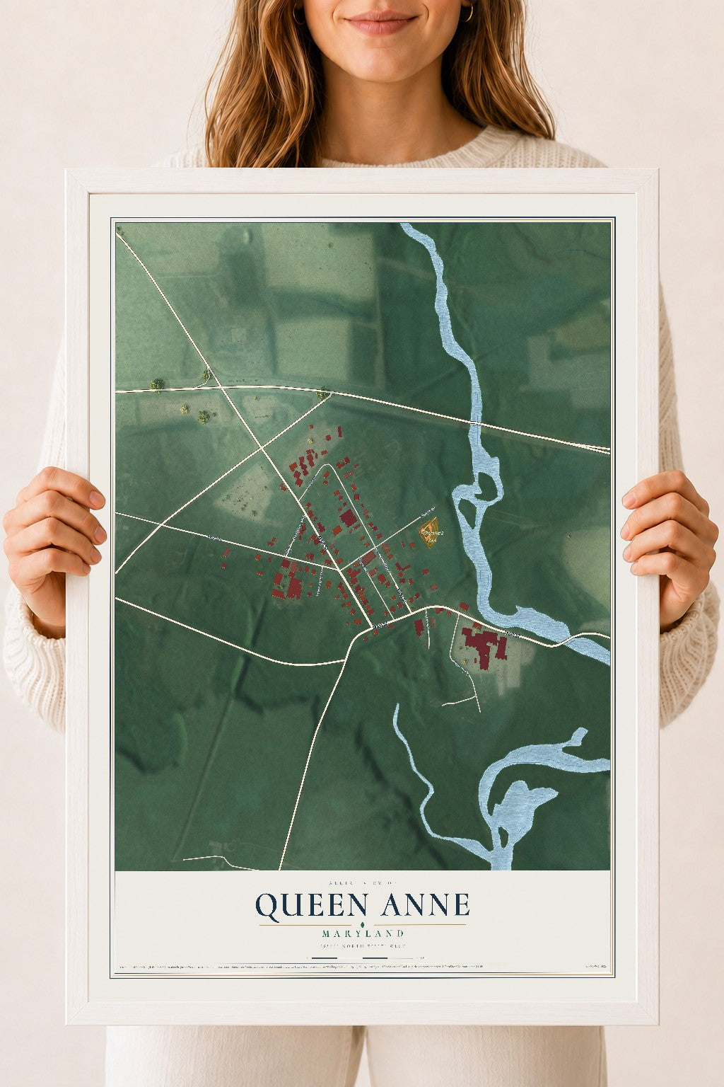 Map of Queen Anne, Maryland, 18 x 24 inch print in a white wood frame