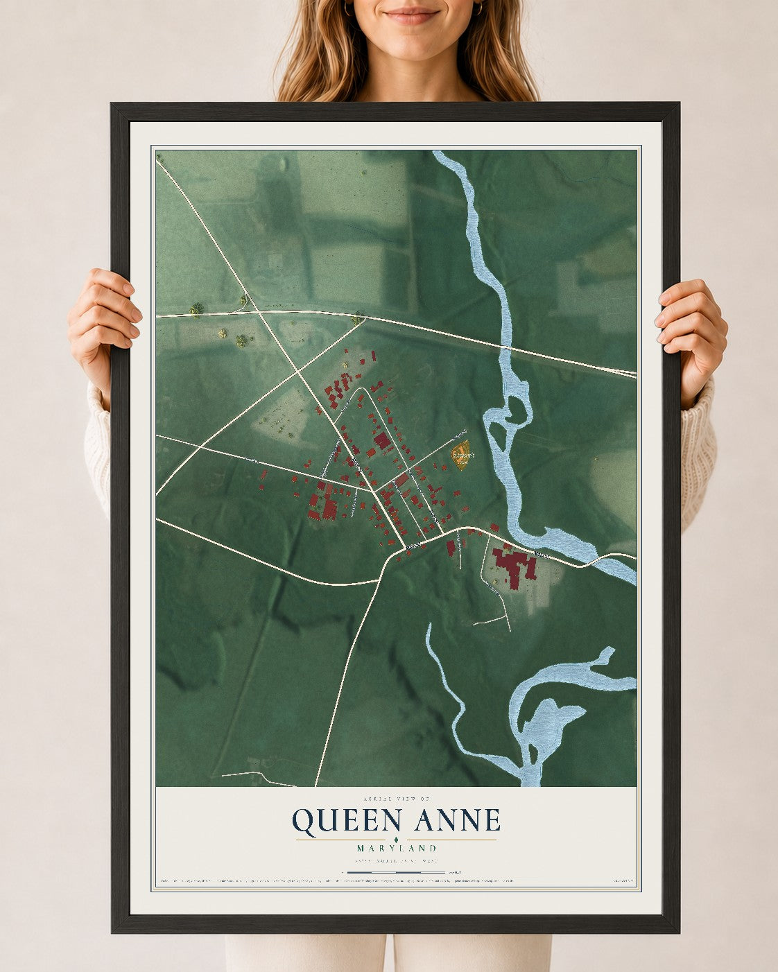 Map of Queen Anne, Maryland, 24 x 36 inch print in a black wood frame