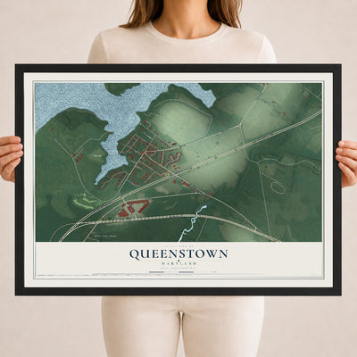 Map of Queenstown, Maryland, 18 x 24 inch print in a black wood frame