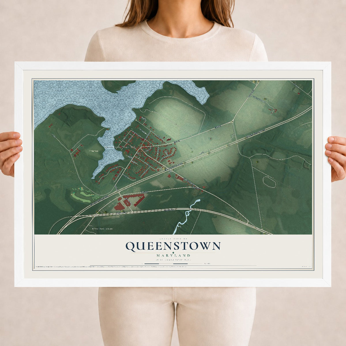 Map of Queenstown, Maryland, 18 x 24 inch print in a white wood frame