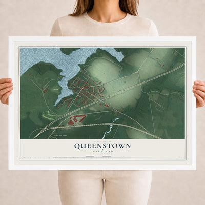 Map of Queenstown, Maryland, 18 x 24 inch print in a white wood frame