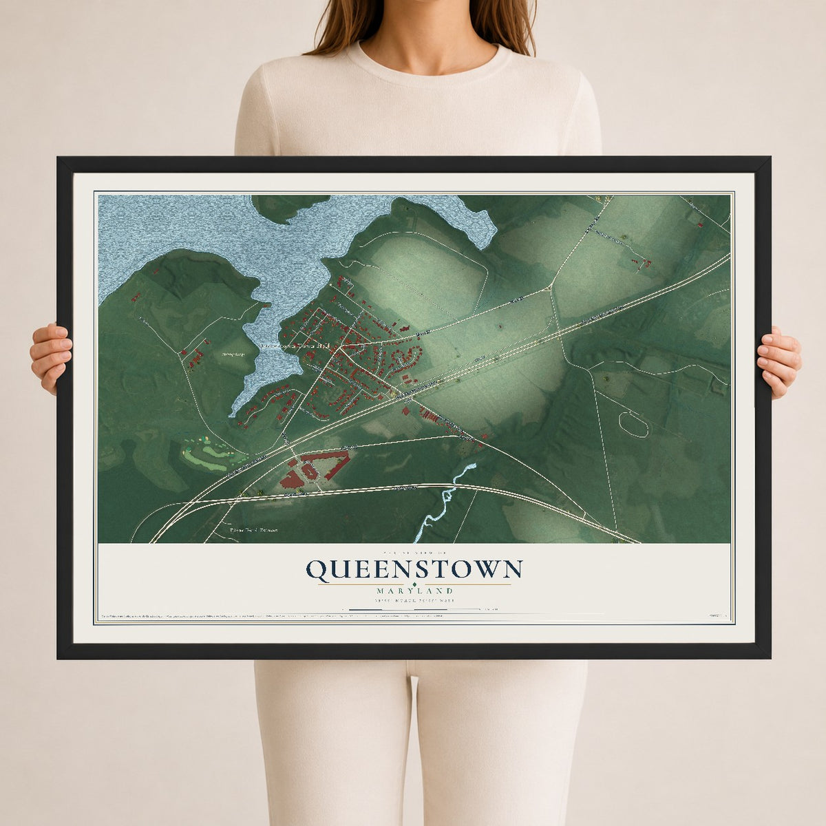Map of Queenstown, Maryland, 24 x 36 inch print in a black wood frame