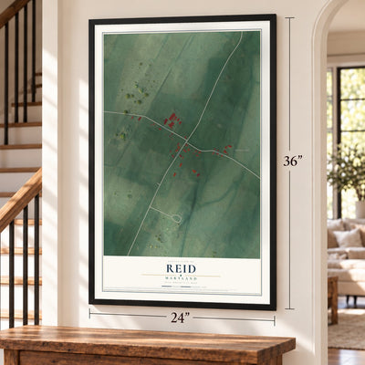 Reid, Maryland map, 24 x 36 inch print in a black frame by a staircase